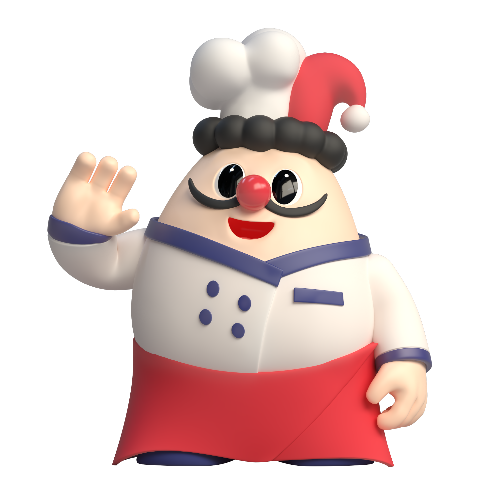 A cheerful cartoon Jolly Chef mascot waves, wearing a white coat, red skirt, and a festive hat adorned with a pom-pom, showcasing a friendly smile.